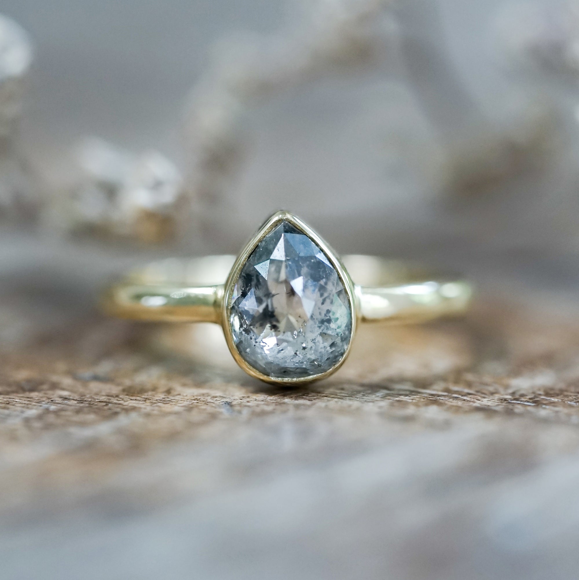 Rose Cut Salt and Pepper Pear Diamond Ring in Ethical Gold - Gardens of the Sun | Ethical Jewelry
