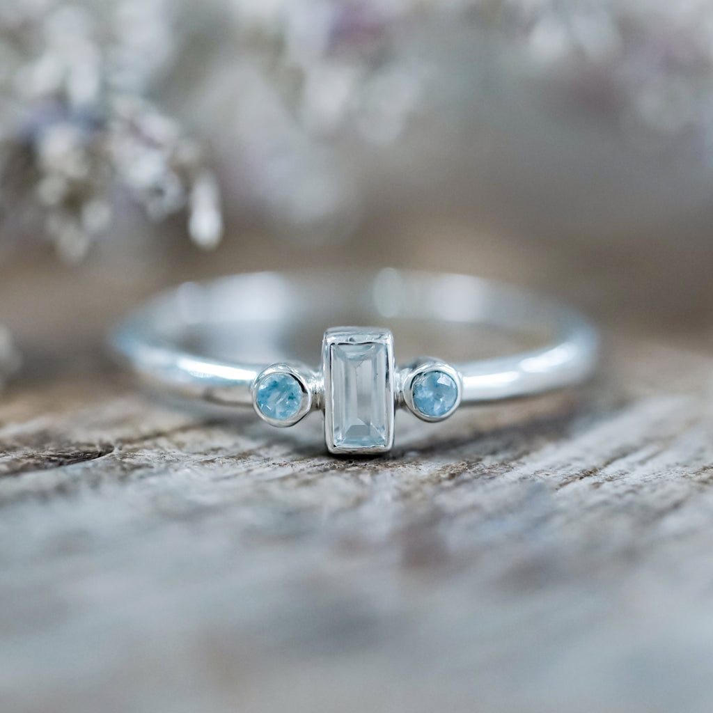 Three Stone Aquamarine Ring - Gardens of the Sun | Ethical Jewelry