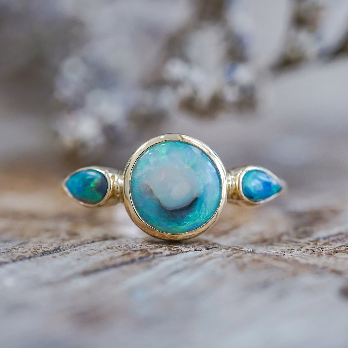 Three Stone Opal Ring in Ethical Gold - Gardens of the Sun | Ethical Jewelry