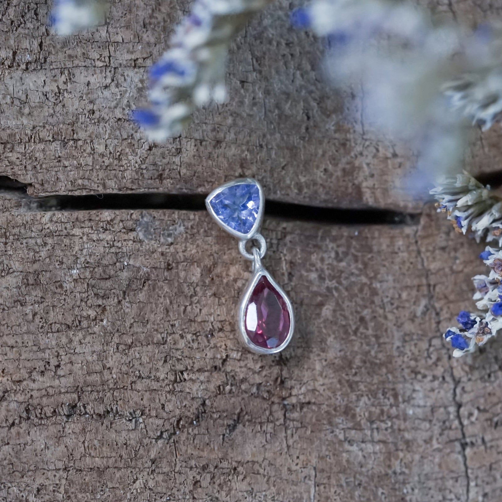 Tanzanite and Garnet Dangling Earrings - Gardens of the Sun | Ethical Jewelry