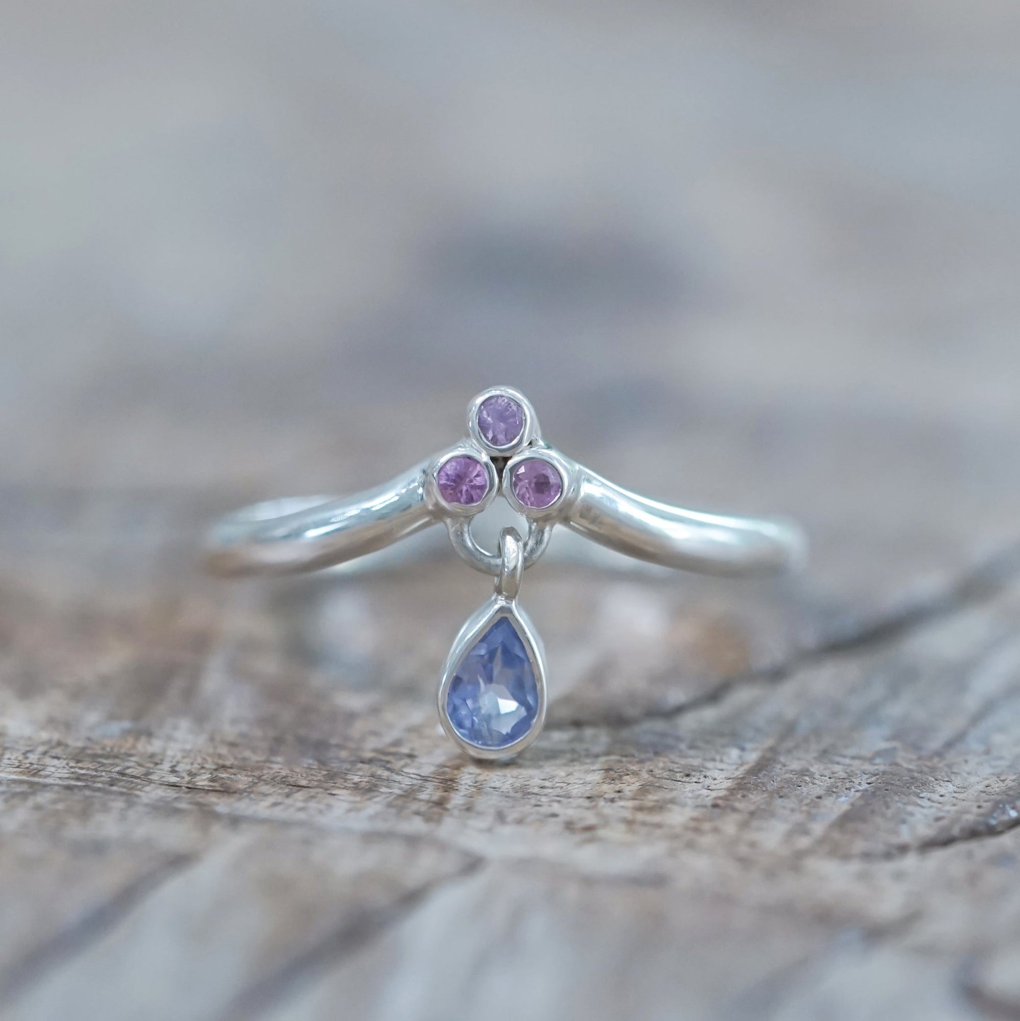 Tanzanite and Pink Sapphire Dangling Ring - Gardens of the Sun | Ethical Jewelry