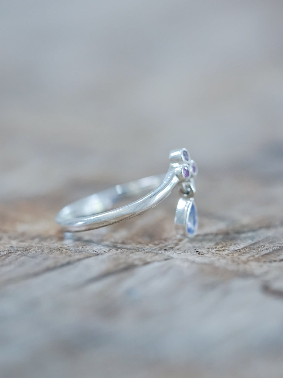 Tanzanite and Pink Sapphire Dangling Ring - Gardens of the Sun | Ethical Jewelry