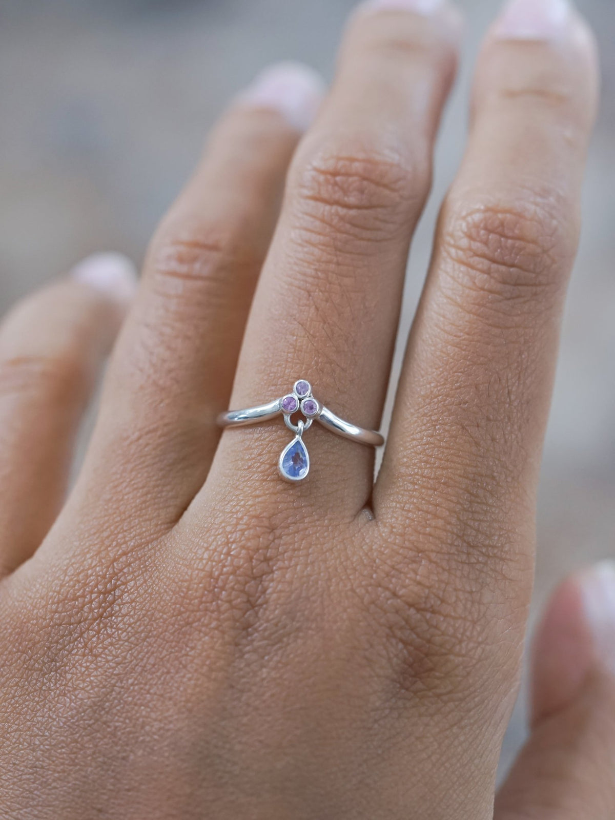 Tanzanite and Pink Sapphire Dangling Ring - Gardens of the Sun | Ethical Jewelry