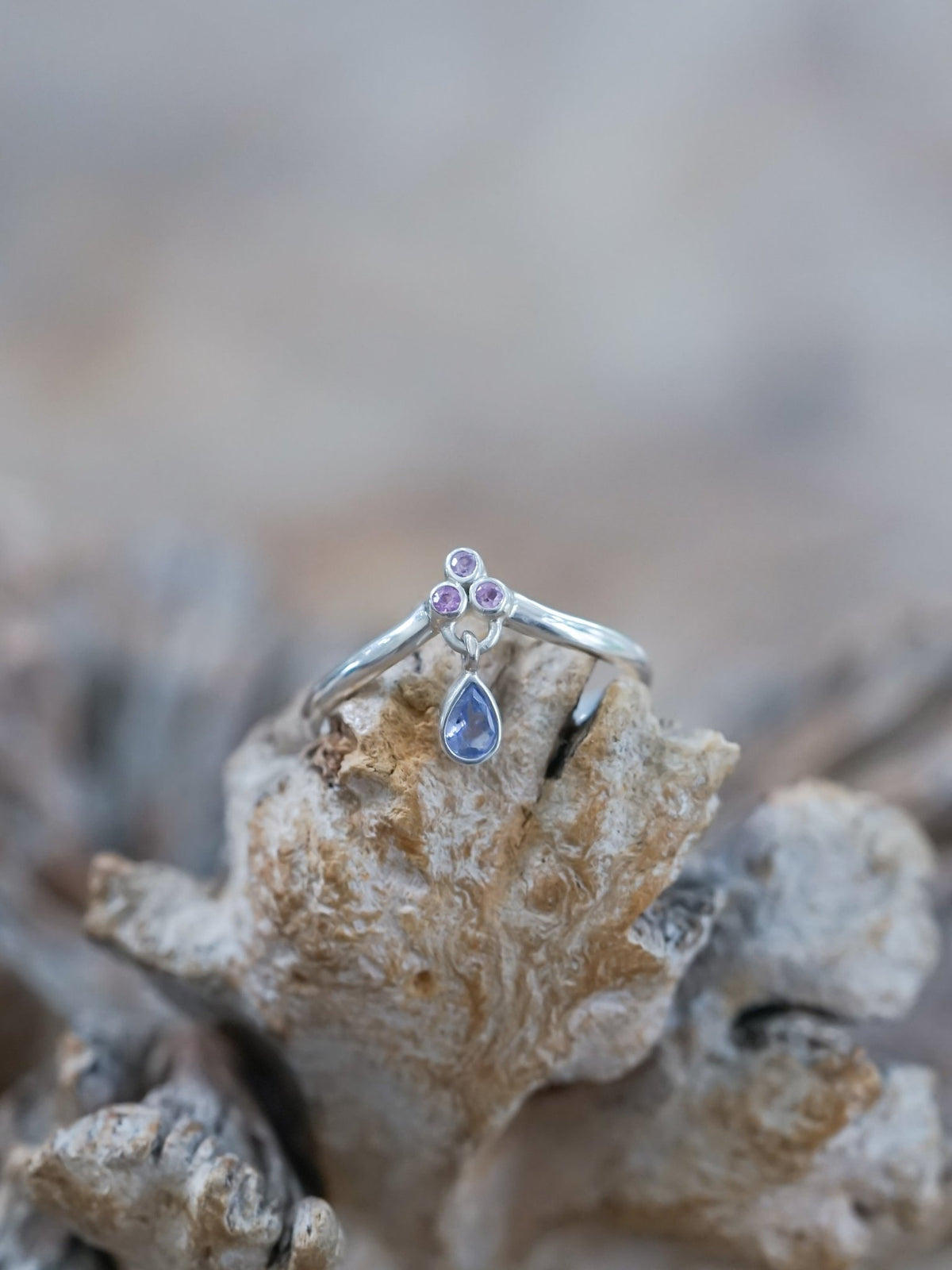 Tanzanite and Pink Sapphire Dangling Ring - Gardens of the Sun | Ethical Jewelry