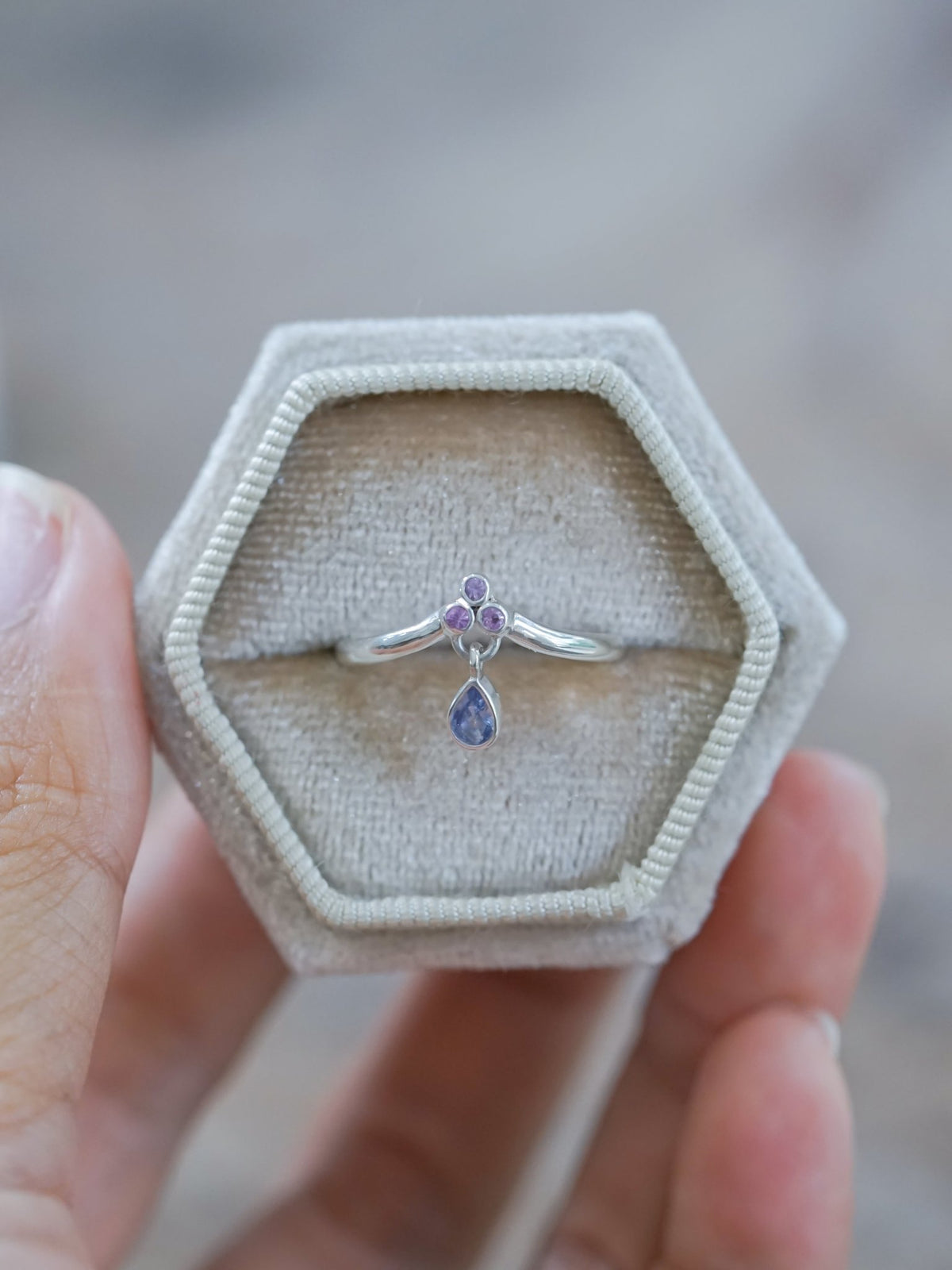 Tanzanite and Pink Sapphire Dangling Ring - Gardens of the Sun | Ethical Jewelry