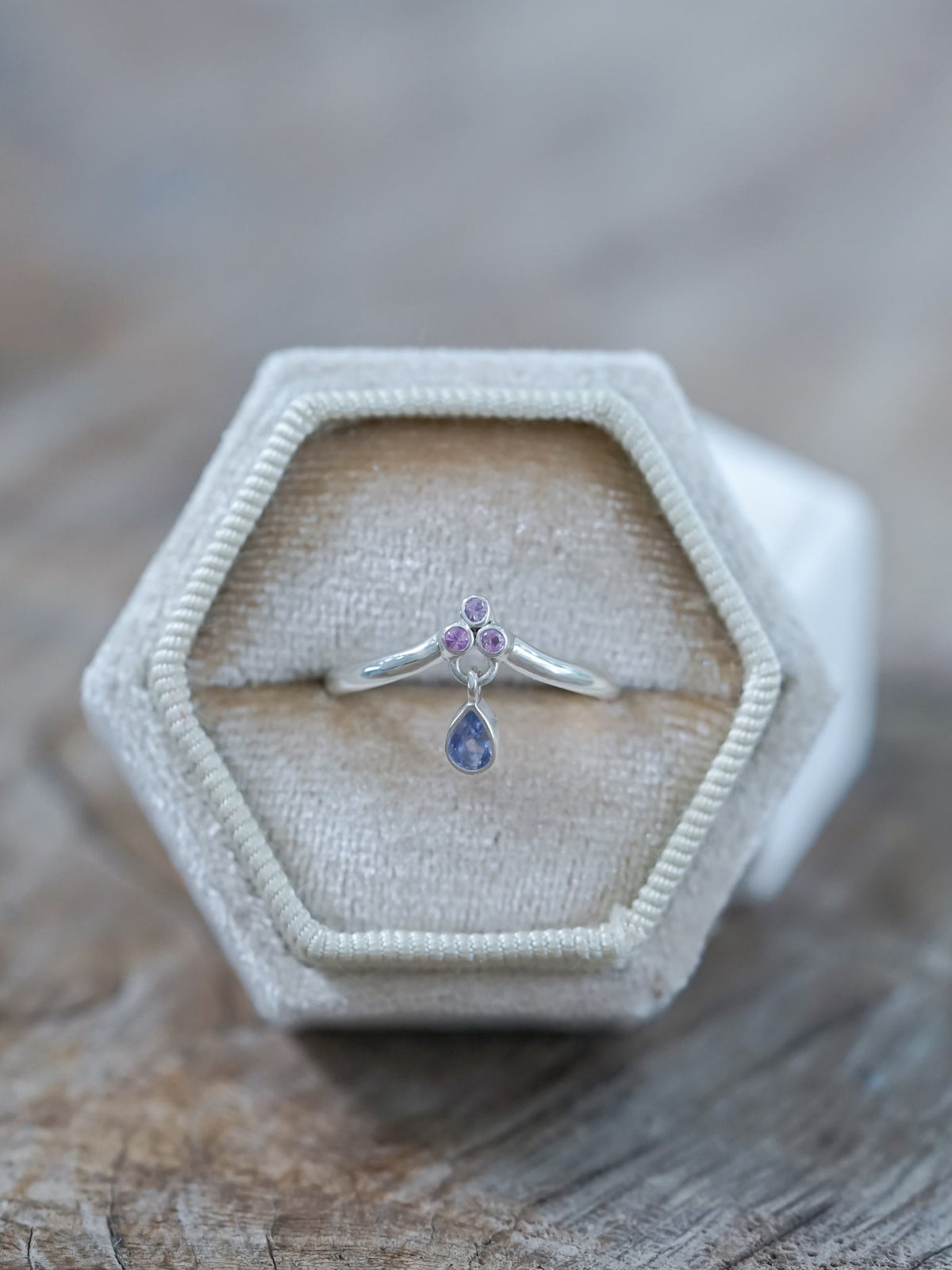 Tanzanite and Pink Sapphire Dangling Ring - Gardens of the Sun | Ethical Jewelry