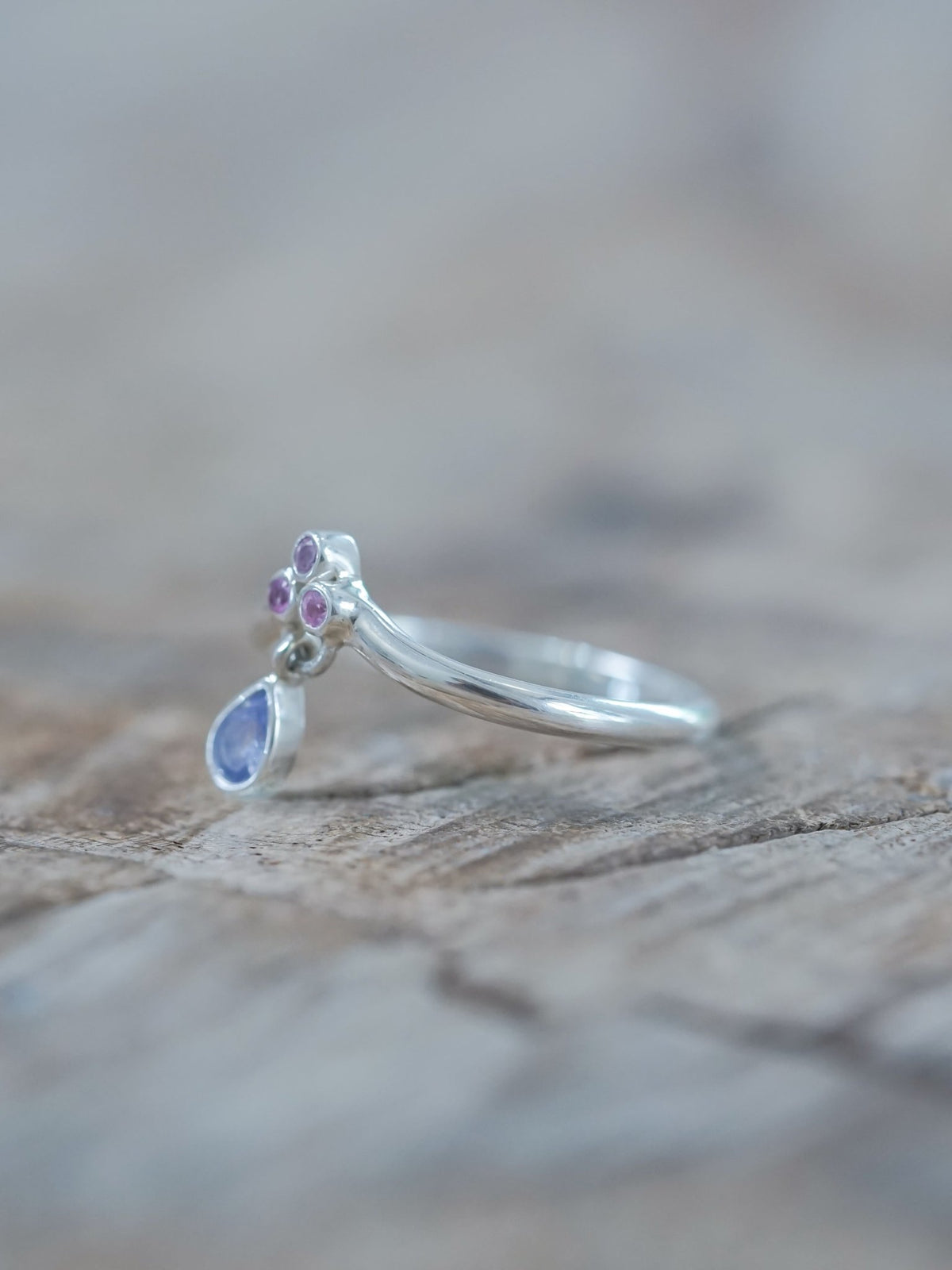 Tanzanite and Pink Sapphire Dangling Ring - Gardens of the Sun | Ethical Jewelry