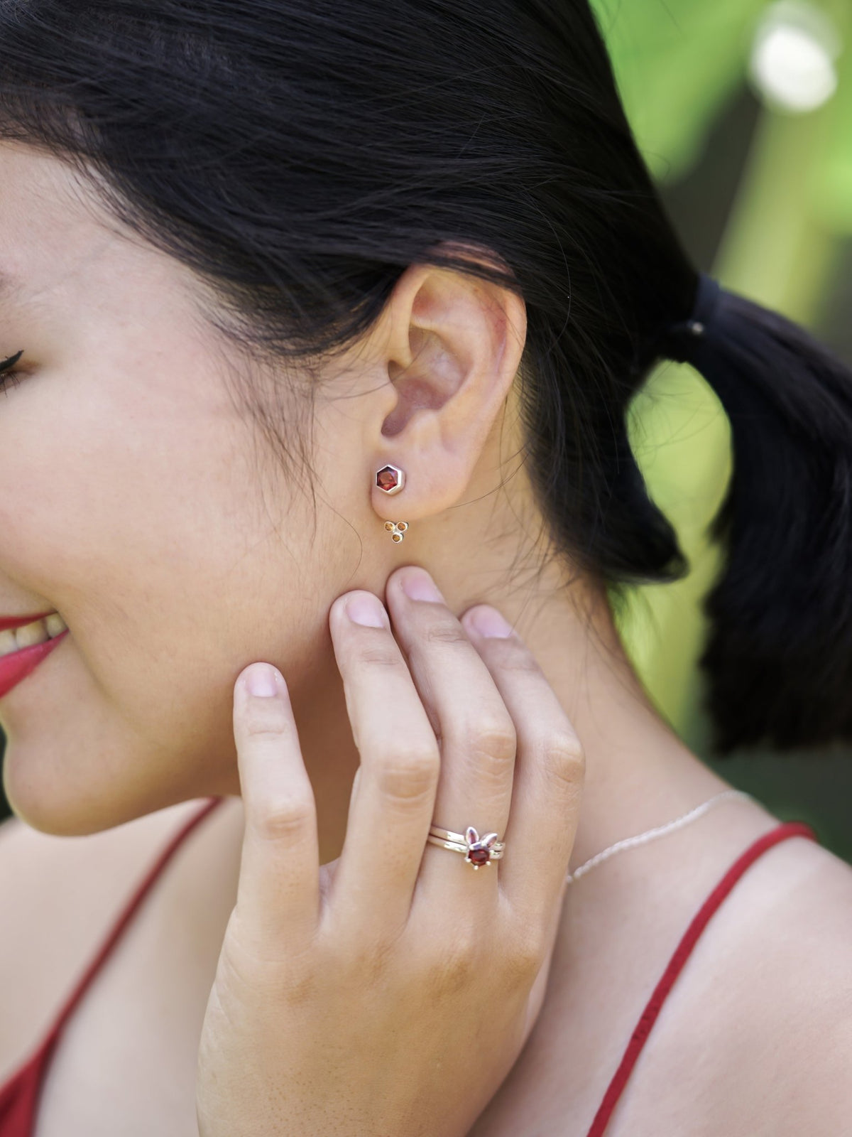 Three Coin Garnet Earrings - Gardens of the Sun | Ethical Jewelry