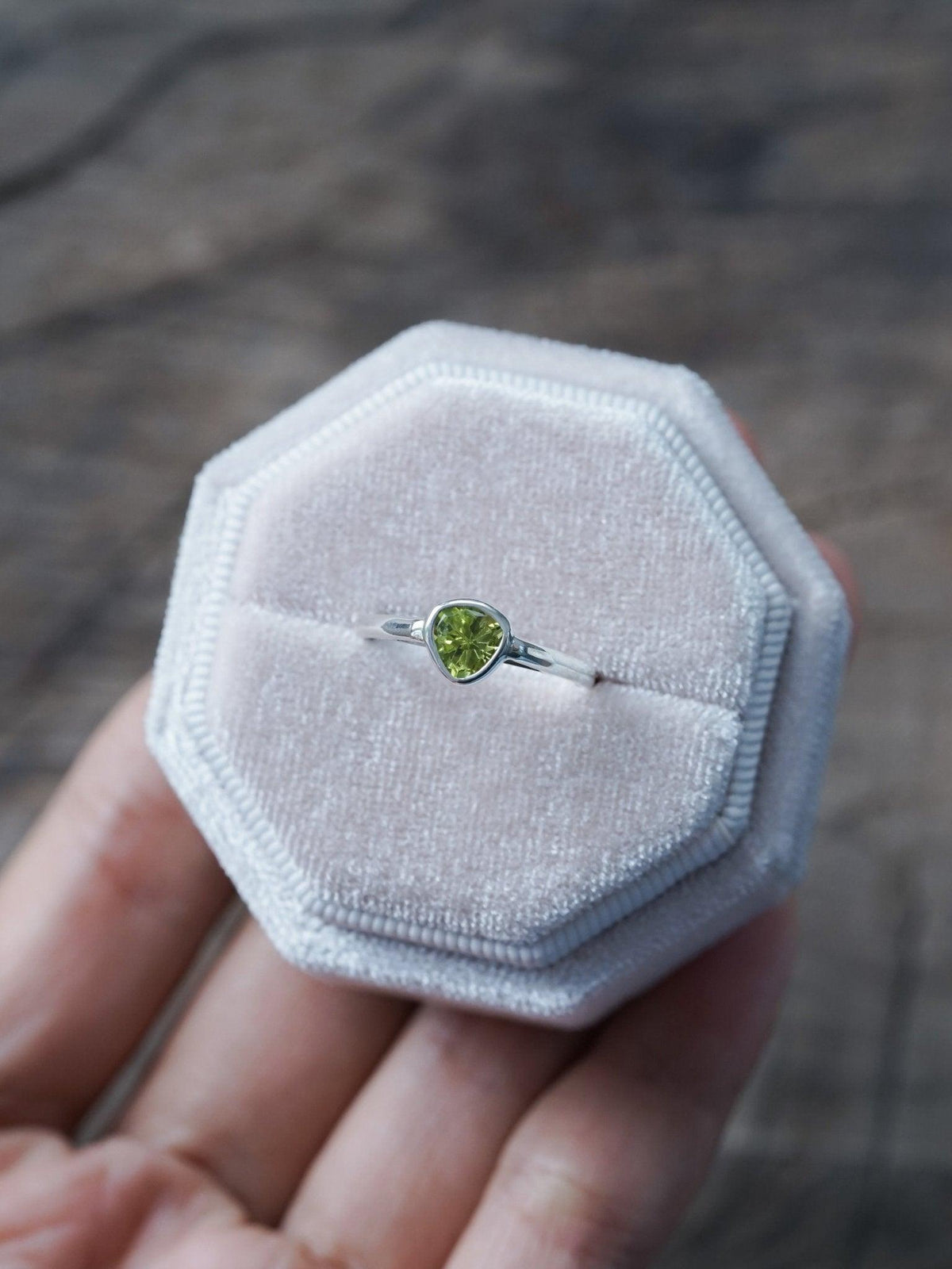 Trillion Peridot Ring - Gardens of the Sun | Ethical Jewelry